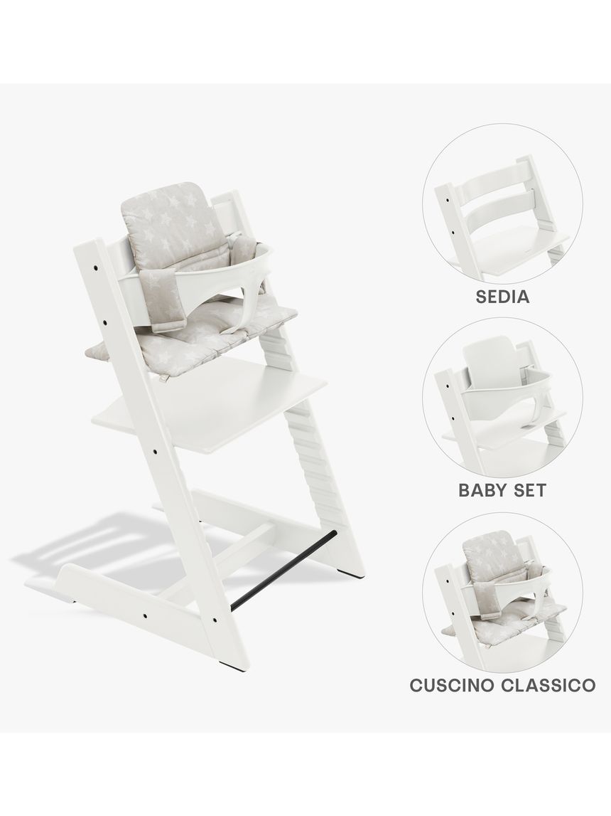 Bundle seggiolone tripp trapp® bianco sedia + babyset + cuscino tripp trapp® star silver – personalizzabile – stokke®