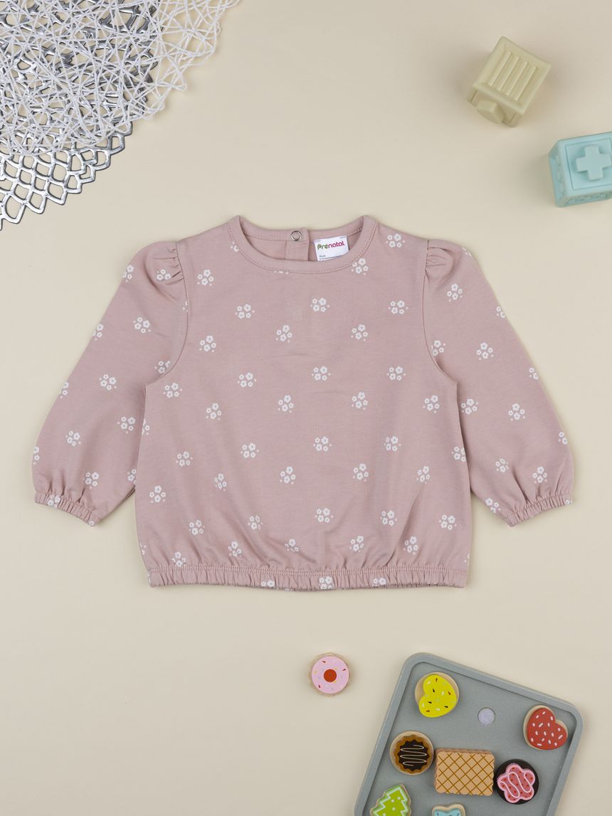 Felpa bimba rosa stampa fiori bianchi