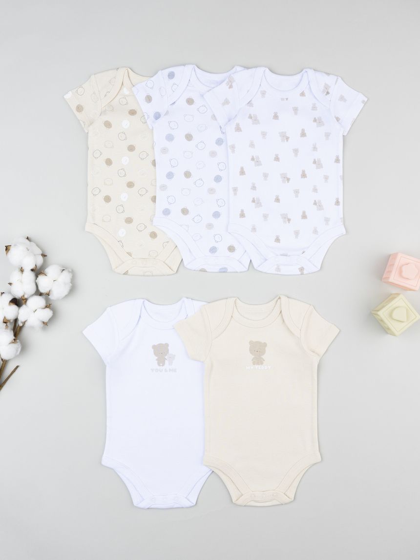 Pack 5 body neonato orsetto bianco/beige