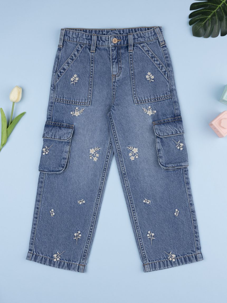 Pantalone cargo denim bimba fiorellini