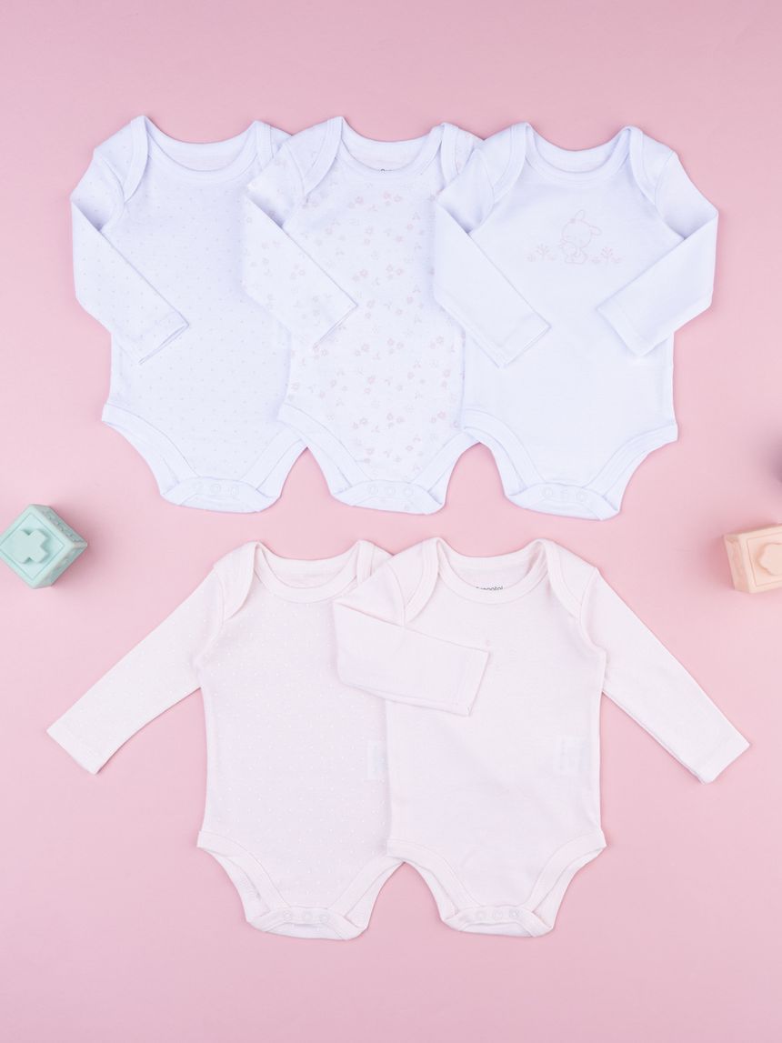 Pack 5 body bimba a costina bianco/rosa