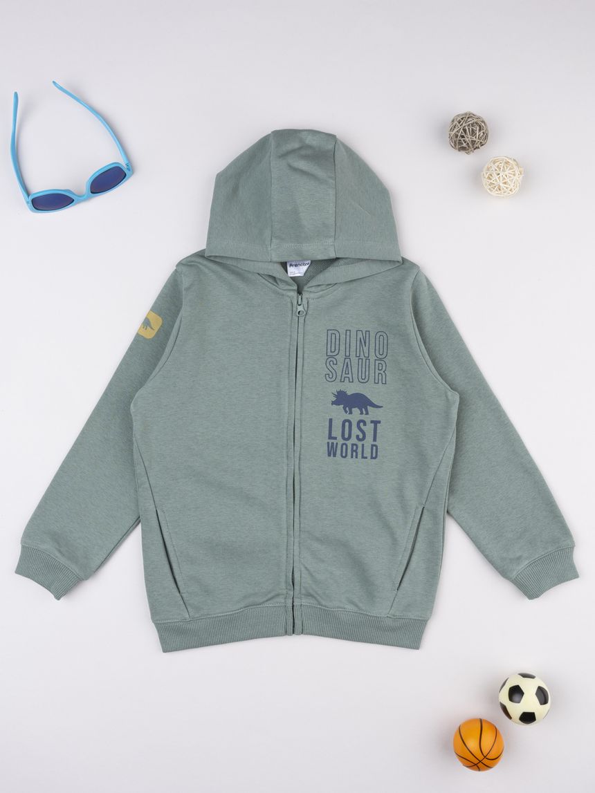 Felpa bambino verde con  cappuccio dinosauri