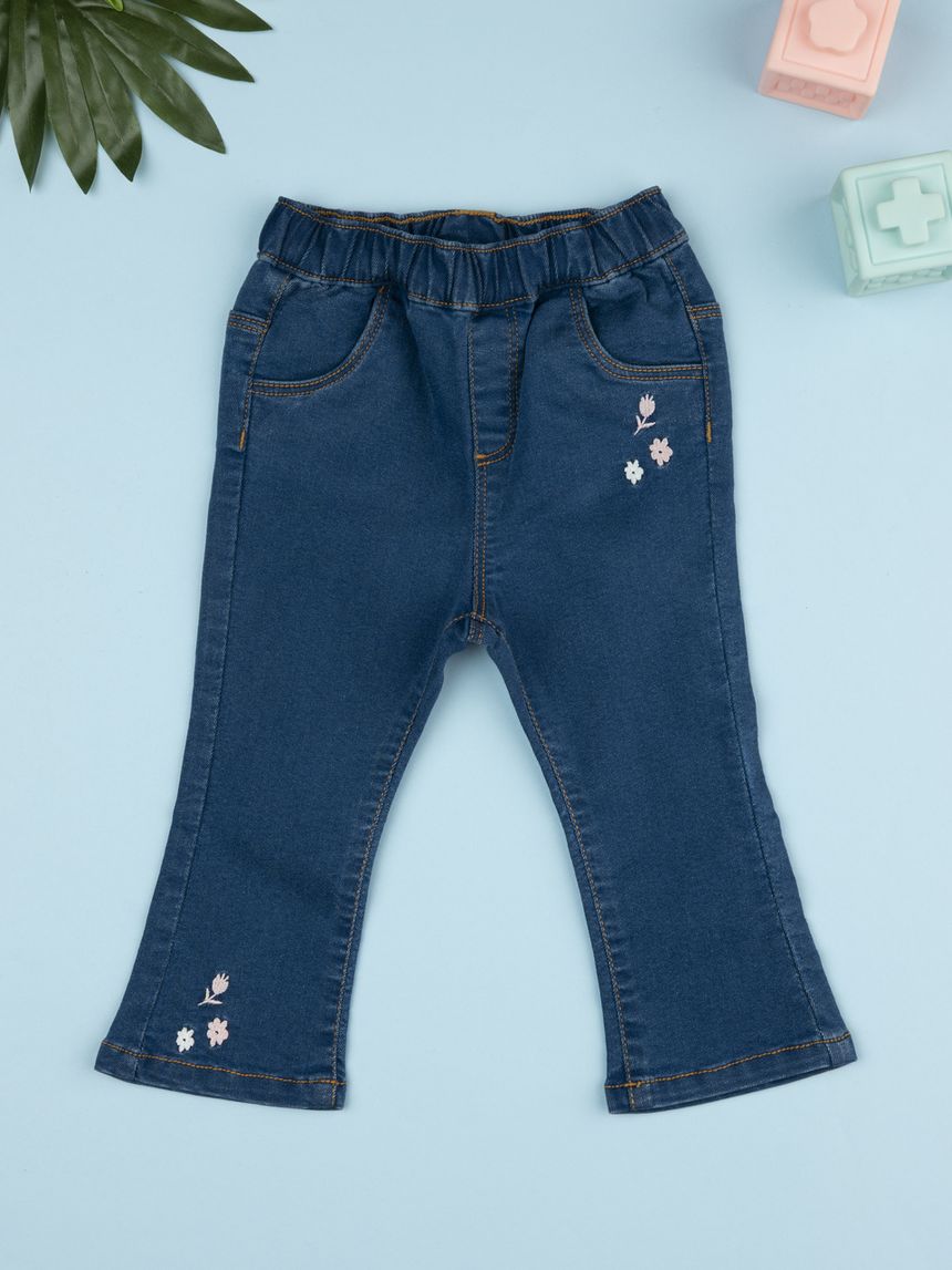 Pantalone zampa denim bimba ricami fiori