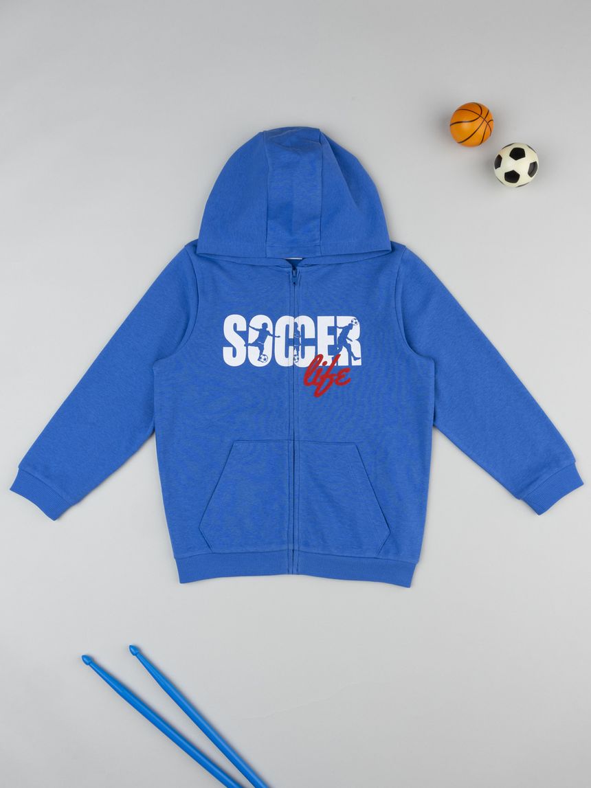 Felpa bambino blu stampa soccer con cappuccio