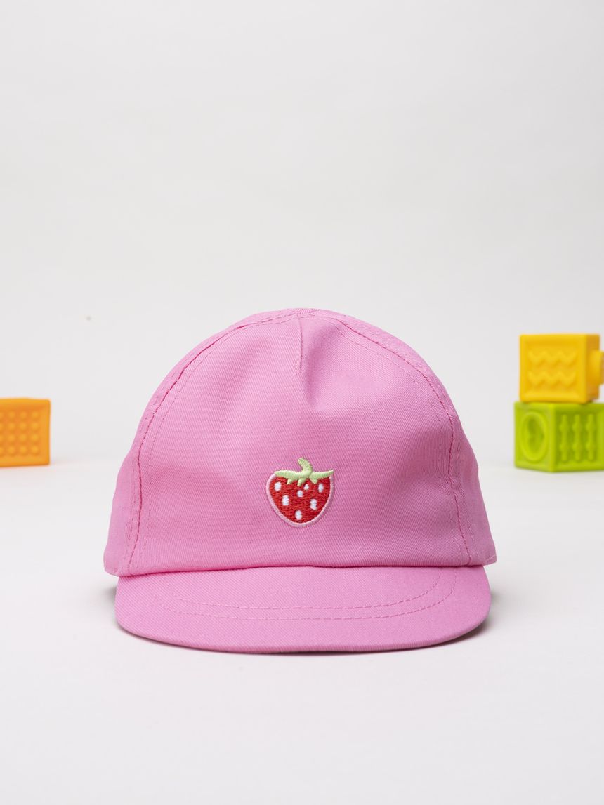 Cappello con visiera bambina rosa ricamo fragola