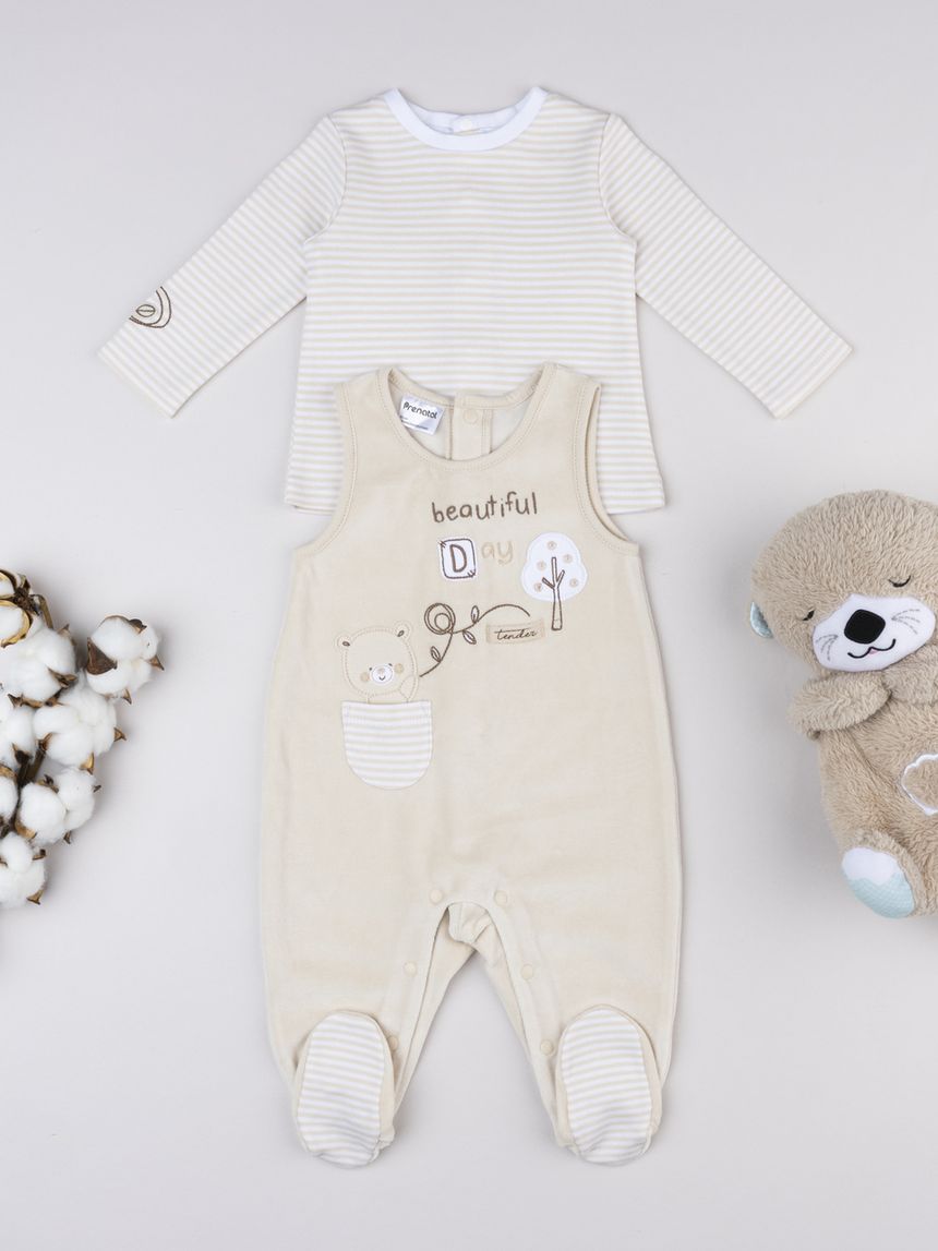 Completo ciniglia beige neonato t-shirt +salopette