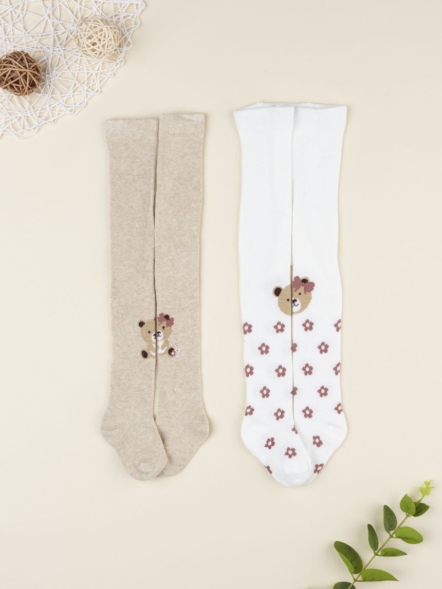 Pack 2 collant bimba bianco/beige orsetto