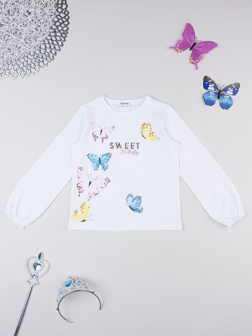 T-shirt bambina bianca farfalle pailettes