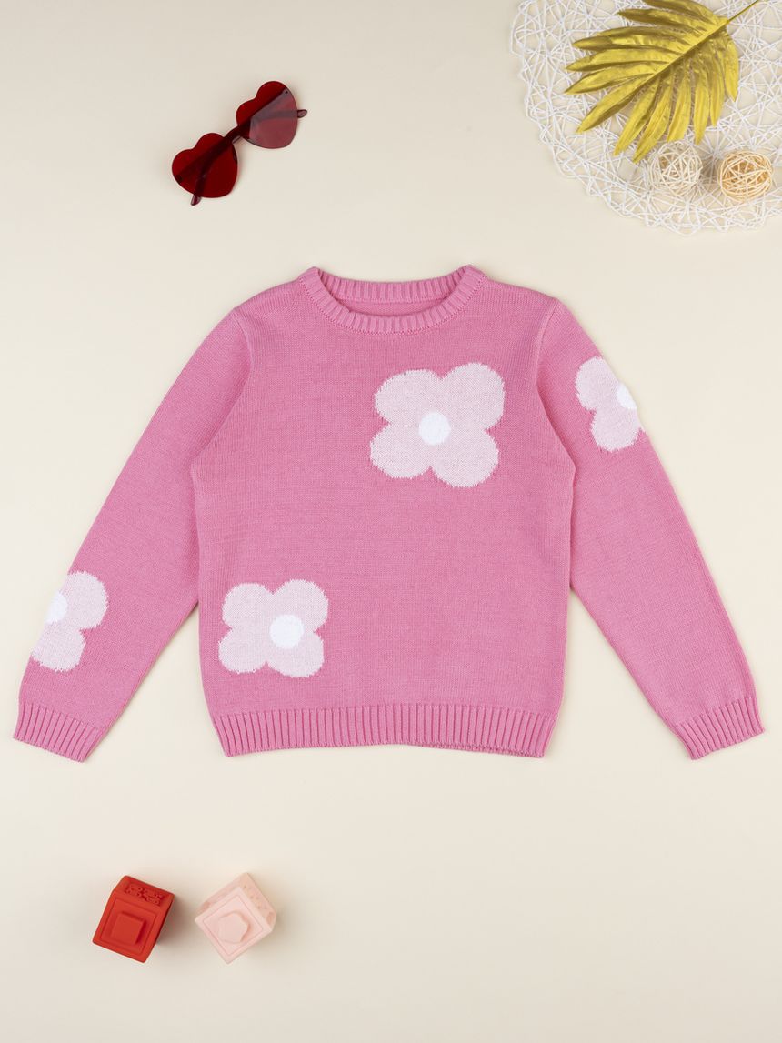 Maglia tricot rosa bambina fiori