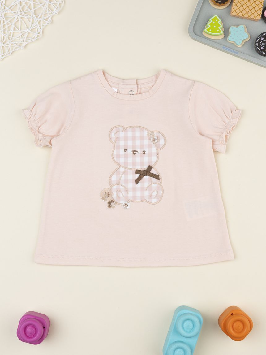 T-shirt bimba rosa patch orsetto