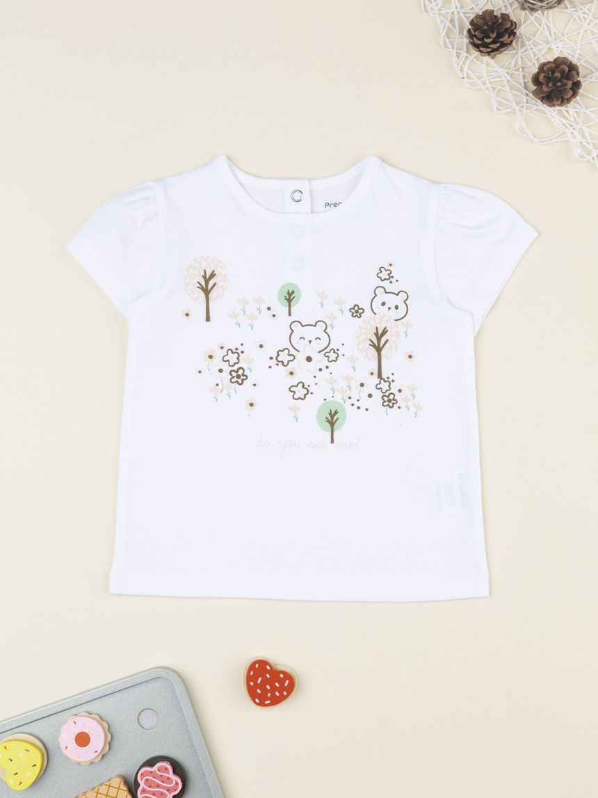 T-shirt bimba bianca stampa wood