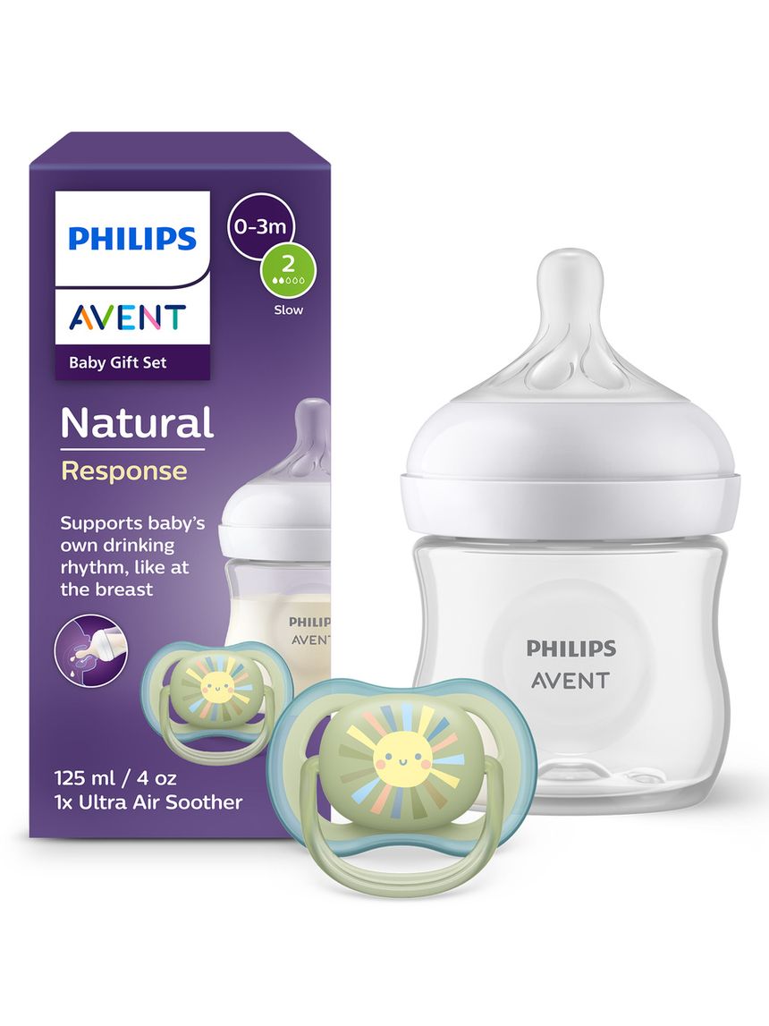 Set: un biberon natural response 125ml con tettarella flusso 2 (lento) 0-3m e un succhietto ultra air deco sole 0-6m. 1 set: scd837/10 - philips avent
