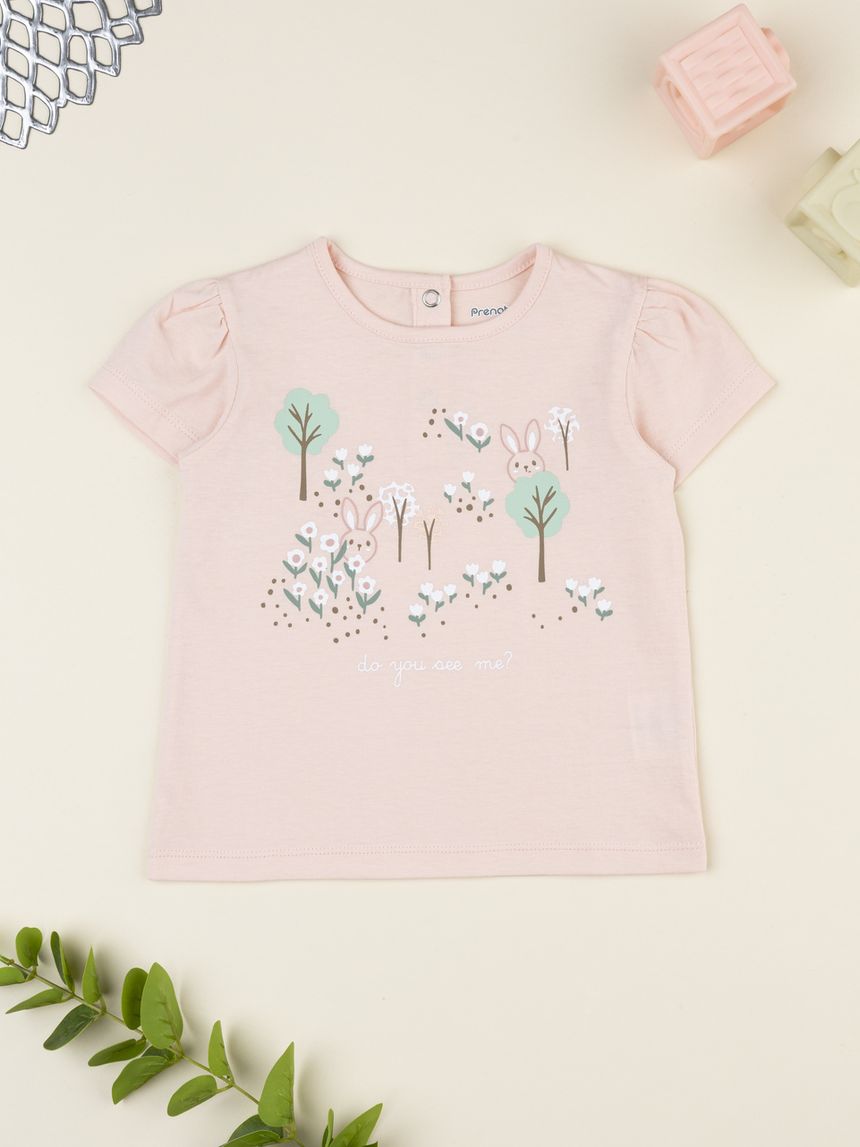 T-shirt bimba rosa stampa bosco