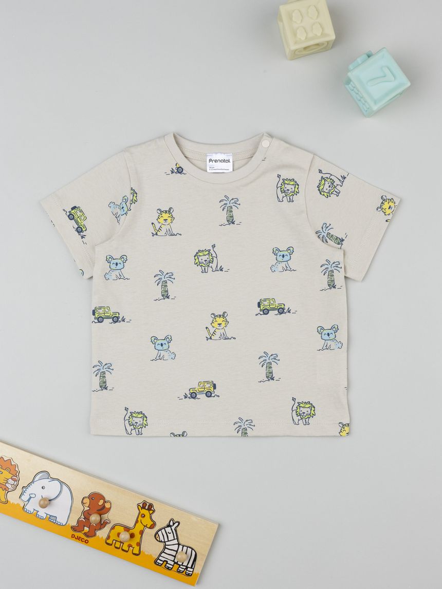 T-shirt bimbo beige stampa allover animali