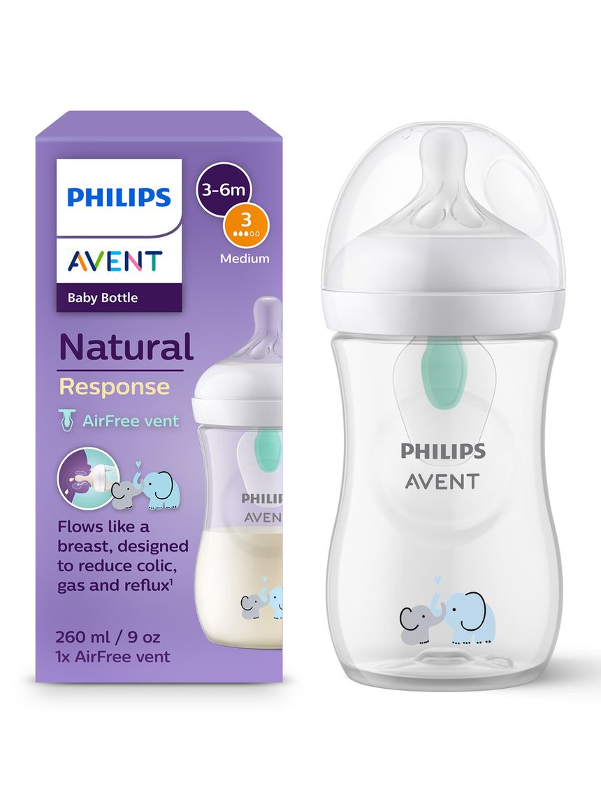 Biberon natural con tettarella a risposta naturale e valvola airfree decorazione elefanti da 260 ml 1m+ | senza bpa - philips avent