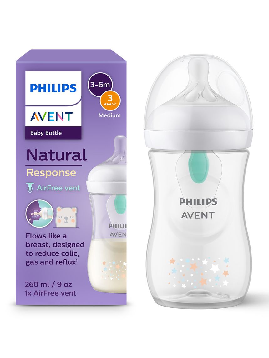 Biberon natural con tettarella a risposta naturale e valvola airfree  decorazione orsetto da 260 ml 1m+ | senza bpa - philips avent