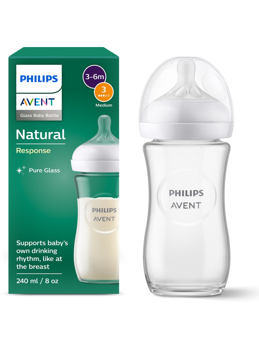Biberon natural response in vetro 240 ml, con tettarella flusso 3 (medio). età consigliata: 3-6m. biberon 1 pz: scy933/01 - philips avent