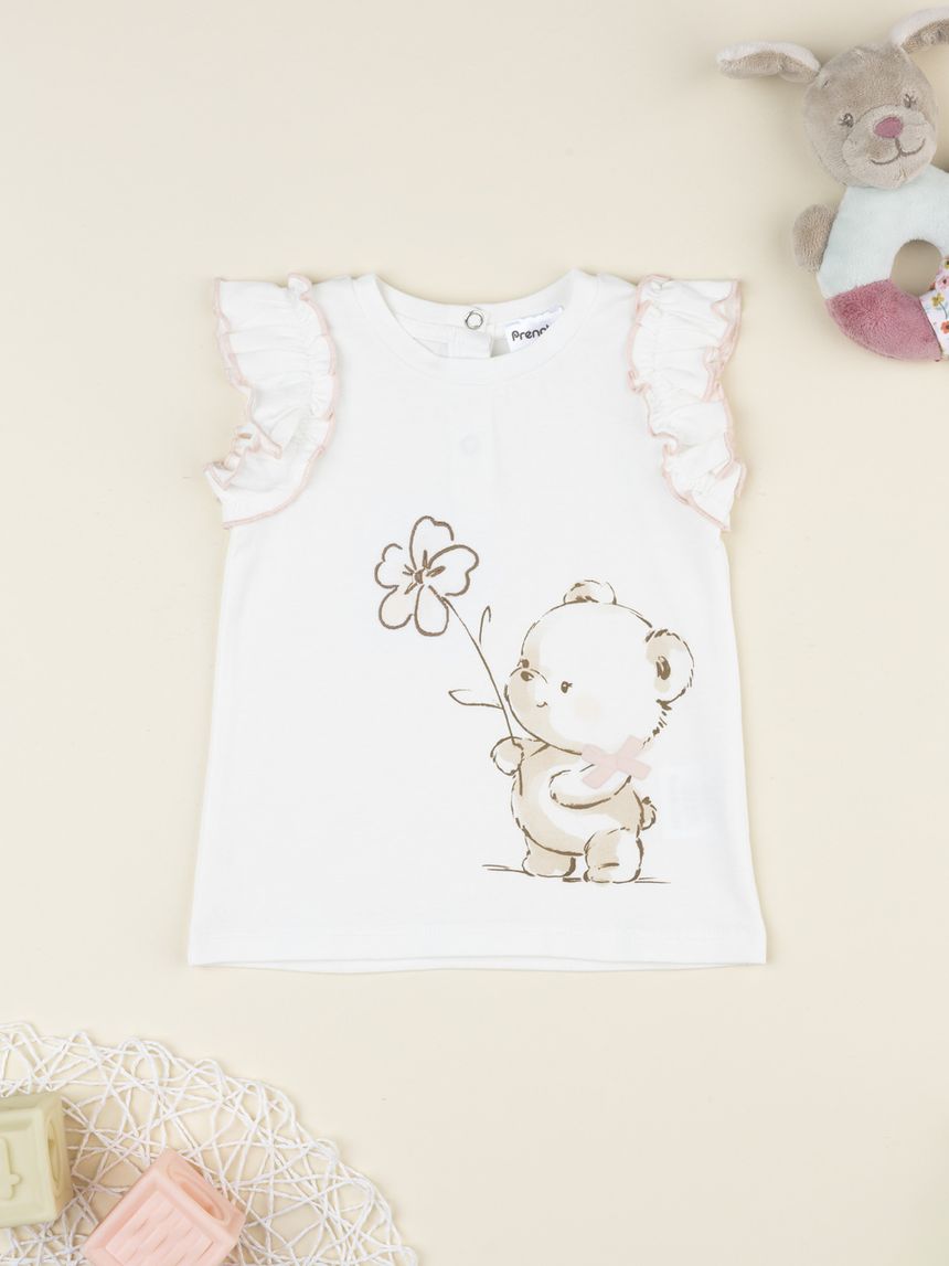 T-shirt bimba bianca stampa maniche frill