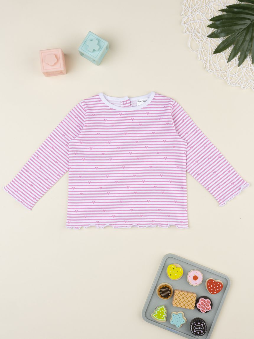 T-shirt bimba righe rosa cuori allover