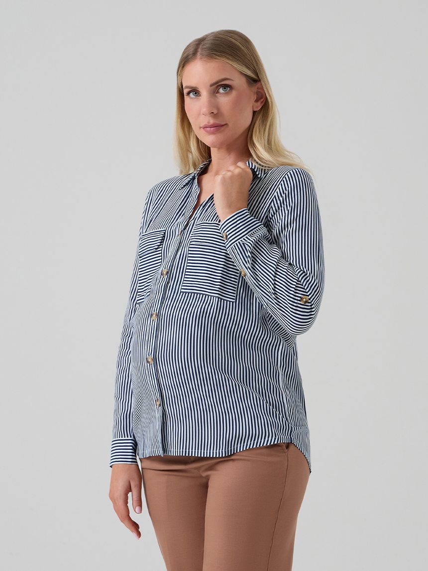 Camicia premaman righe bianche blu con tasche