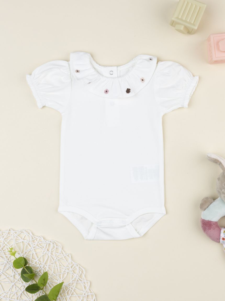 Body bimba bianco colletto fiori ricamati