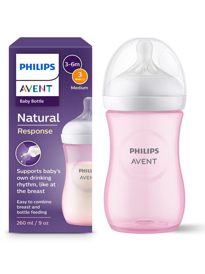 Biberon natural response rosa 260 ml, con tettarella flusso 3 (medio). età consigliata: 3-6m. biberon 1 pz: scy903/11 - philips avent