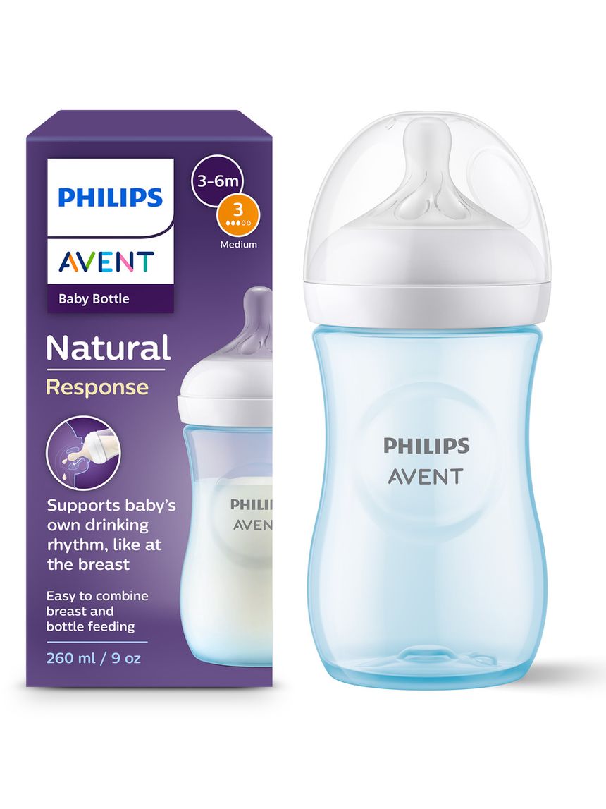 Biberon natural response azzurro 260 ml, con tettarella flusso 3 (medio). età consigliata: 3-6m. biberon 1 pz: scy903/21 - philips avent