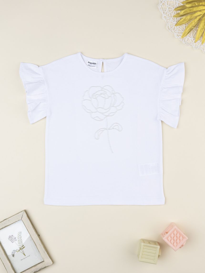 T-shirt bianca bambina rosa ricamata