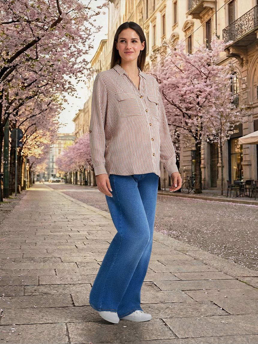 Camicia premaman righe bianche marroni con tasche