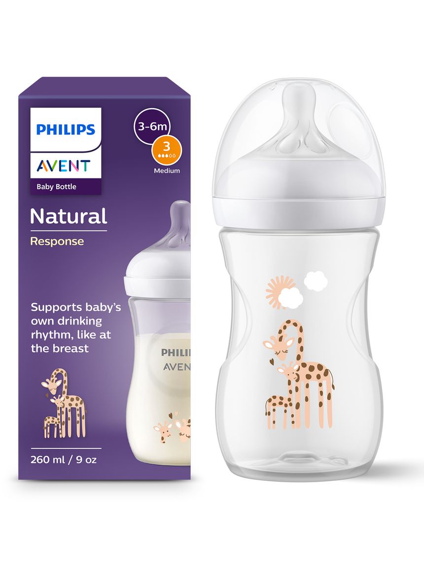 Biberon natural response deco giraffa 260 ml, con tettarella flusso 3 (medio). età consigliata: 3-6m. biberon 1 pz: scy903/66 - philips avent