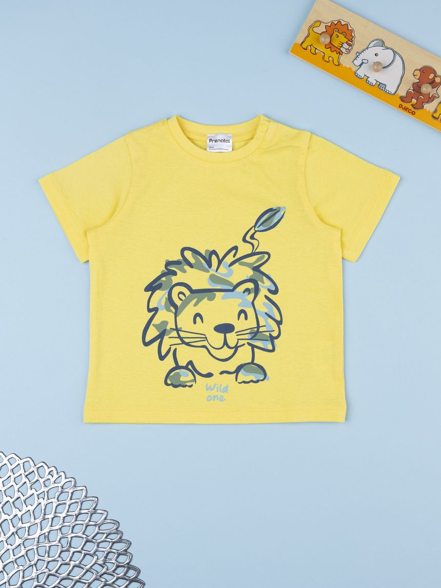 T-shirt bimbo gialla stampa leone