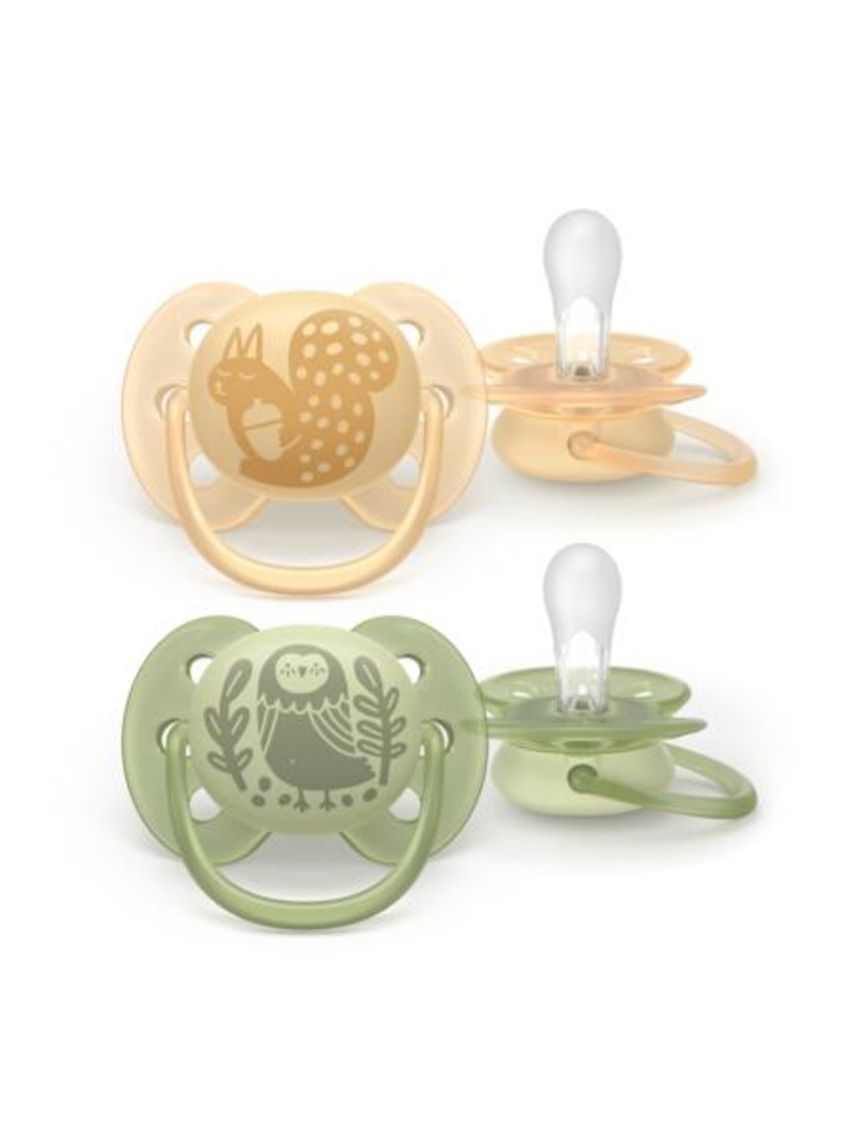Succhietti ultra soft 6-18m pastello giallo e verde con decorazioni, a base vegetale - set da 2 ciucci - philips avent