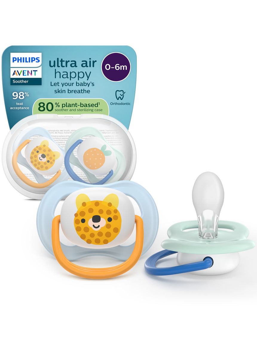 Succhietti ultra air collection 0-6m tigre e ananas, a base vegetale - set da 2 ciucci - philips avent