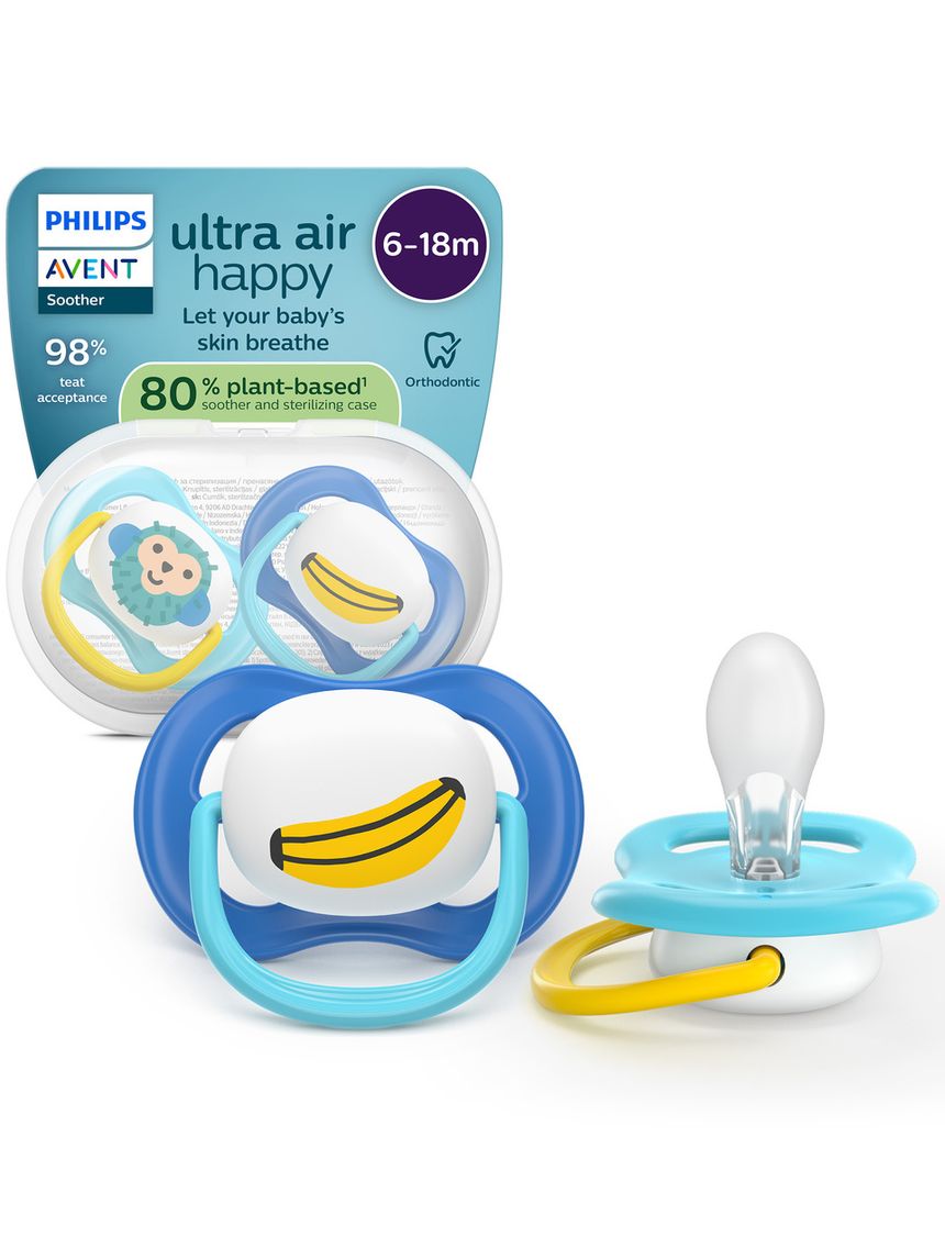 Succhietti ultra air collection 6-18m scimmia e banana, a base vegetale - set da 2 ciucci - philips avent