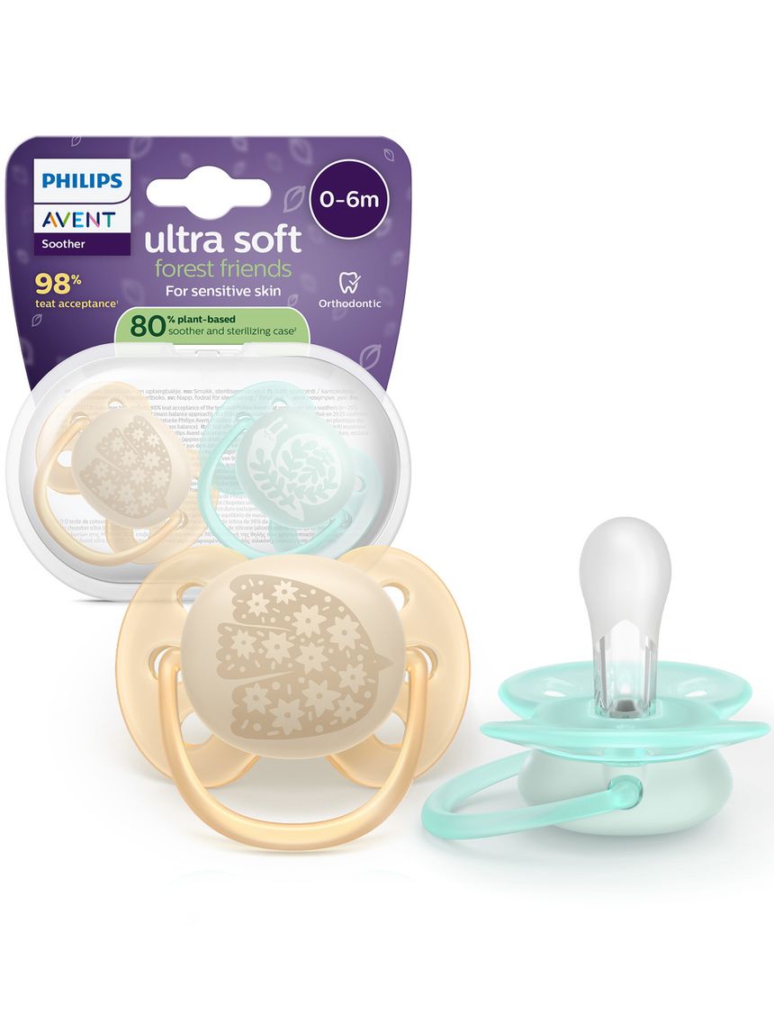 Succhietti ultra soft 0-6m pastello crema e azzurro con decorazioni, a base vegetale - set da 2 ciucci - philips avent
