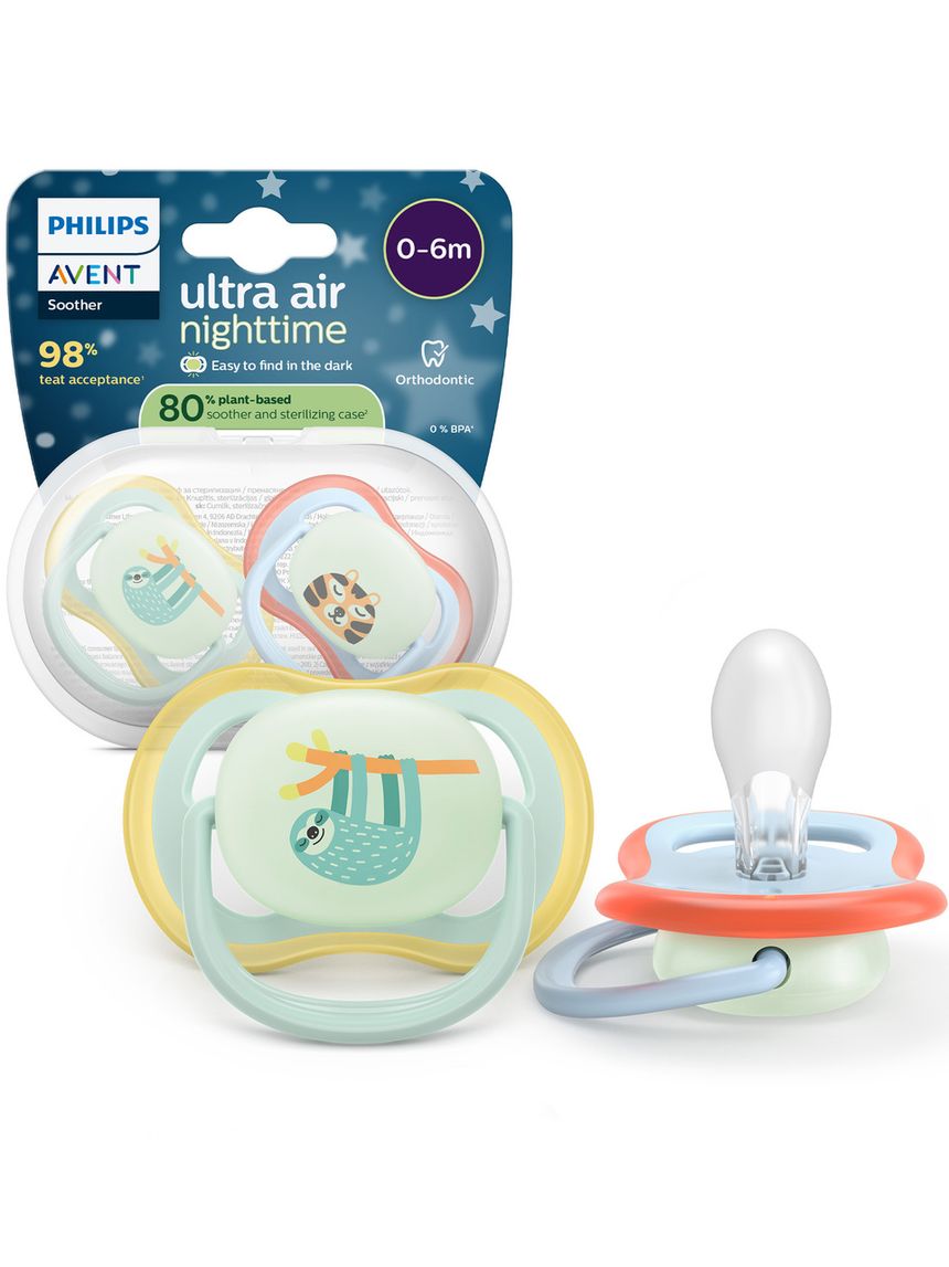 Succhietti ultra air night 0-6m bradipo e tigre, a base vegetale - set da 2 ciucci - philips avent