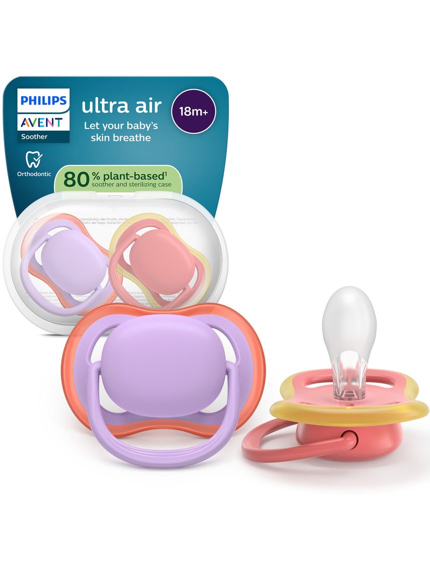 Succhietti ultra air 18m+ pastello viola e rosso, a base vegetale - set da 2 ciucci - philips avent