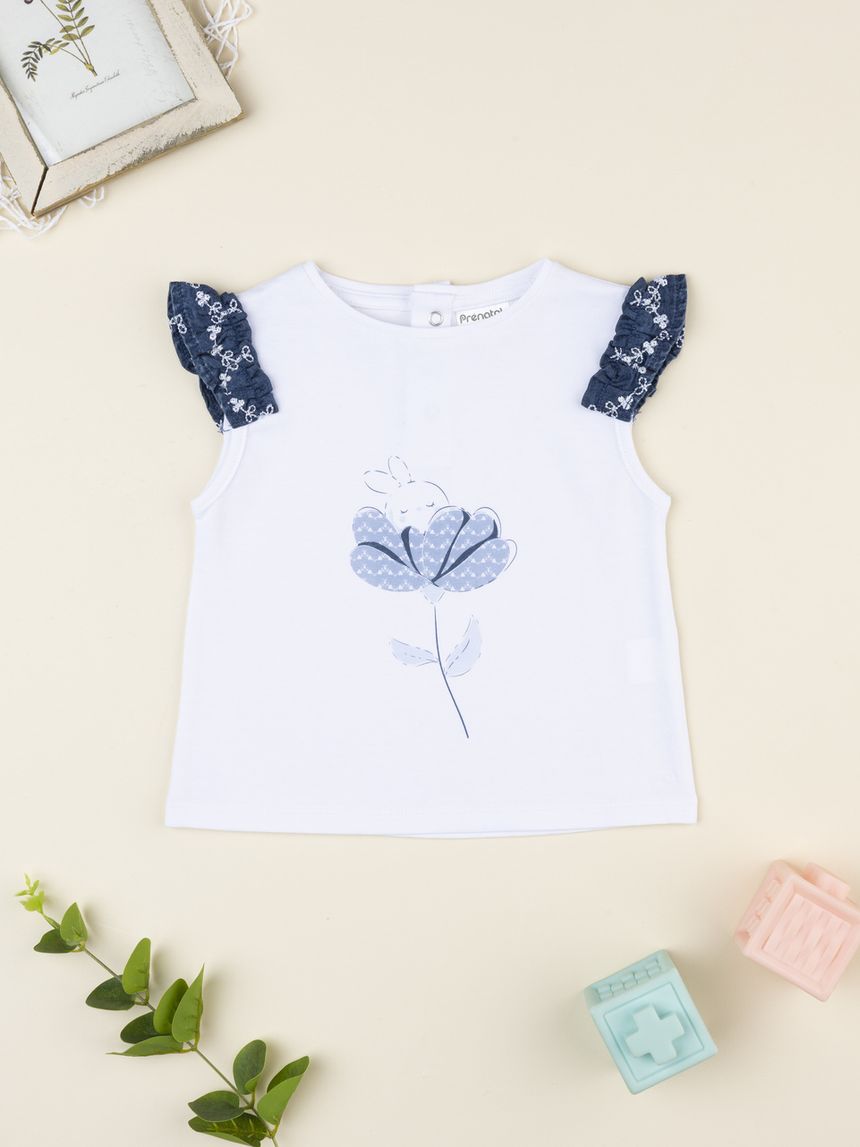 T-shirt bimba bianca/blu fiore