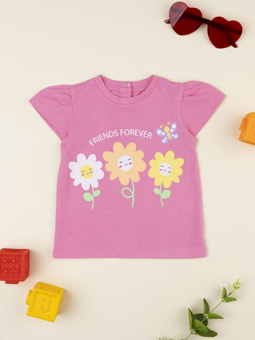 T-shirt bimba rosa stampa margherite