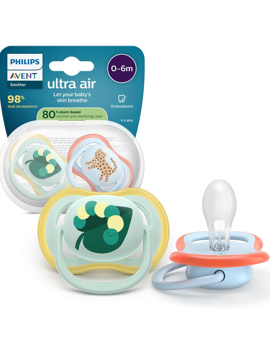 Succhietti ultra air 0-6m foglia e leopardo, a base vegetale - set da 2 ciucci - philips avent