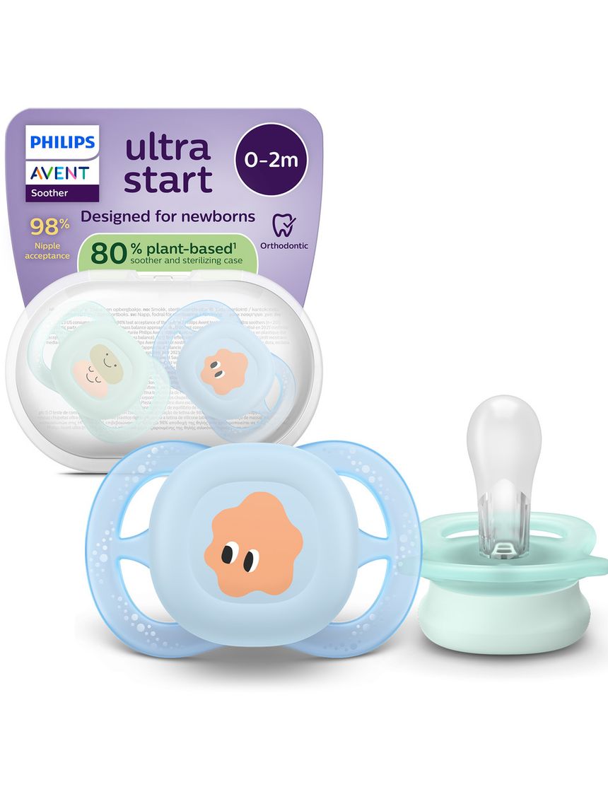 Succhietti ultra start 0-2m pastello verde e blu con decorazioni, a base vegetale - set da 2 ciucci - philips avent