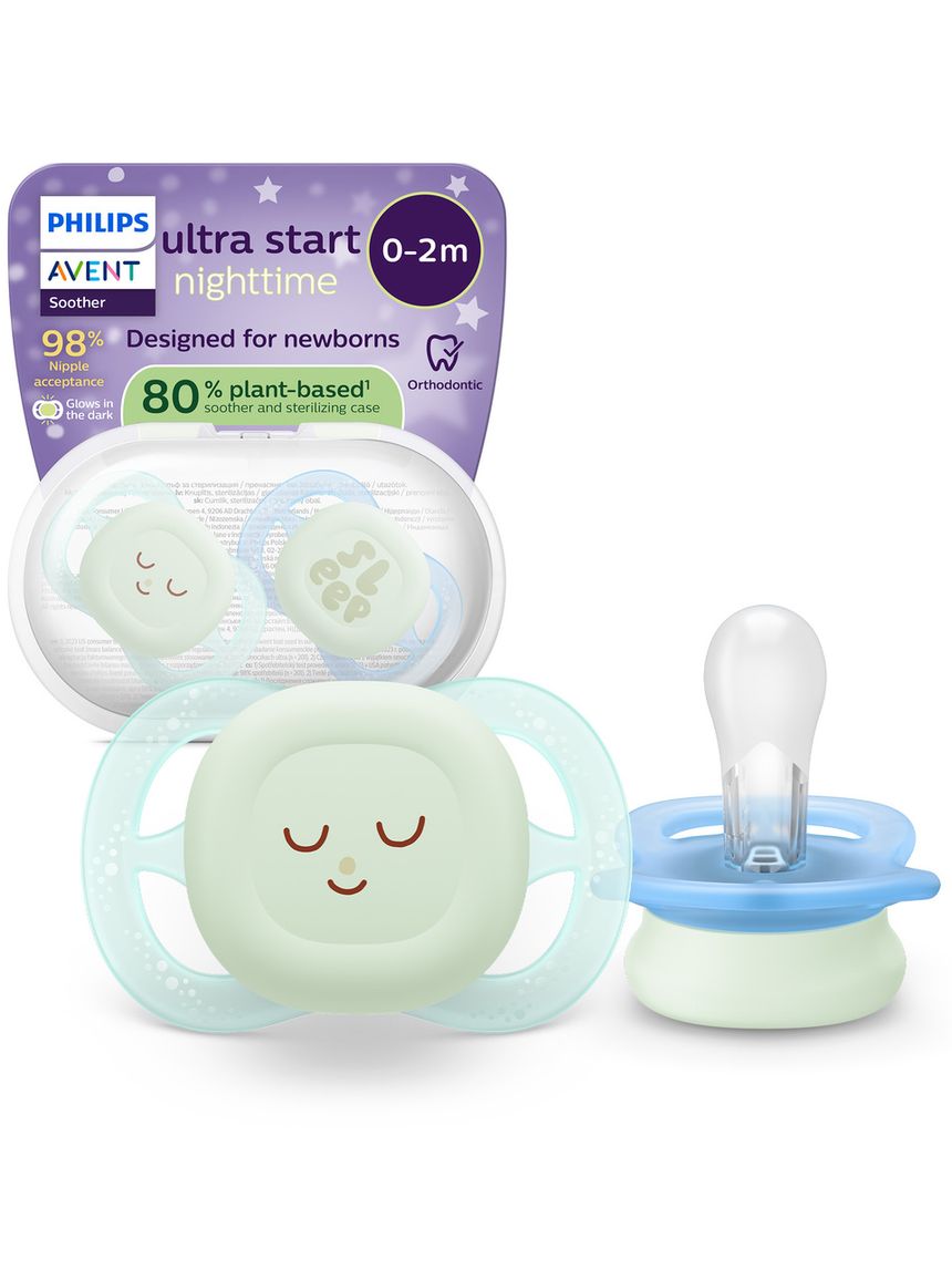 Succhietti ultra start 0-2m night pastello verde e blu smile e sleep, a base vegetale - set da 2 ciucci - philips avent
