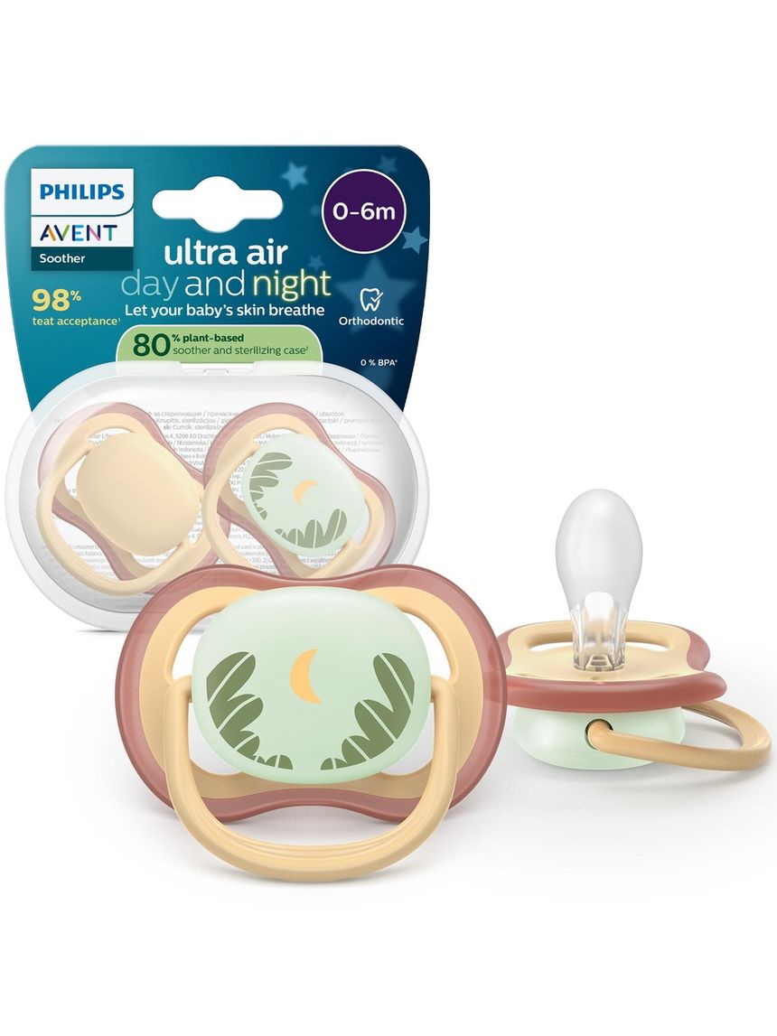 Succhietti ultra air day&night 0-6m pastello giallo e verde con luna, a base vegetale - set da 2 ciucci - philips avent