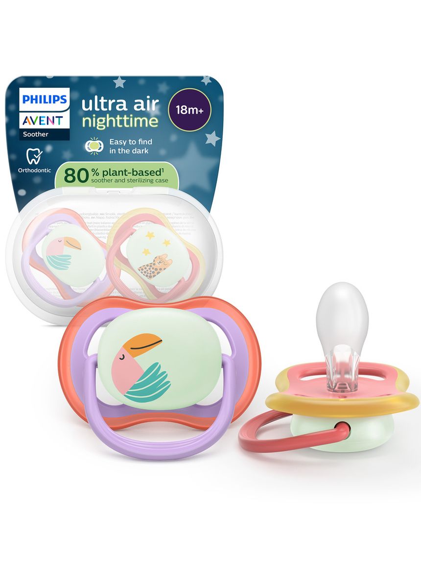 Succhietti ultra air night 18m+ tucano e ghepardo, a base vegetale - set da 2 ciucci - philips avent
