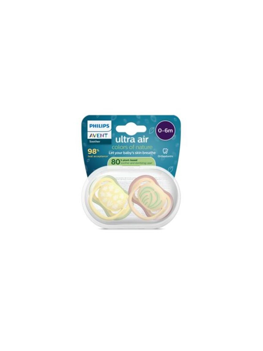Succhietti ultra air 0-6m  pastello giallo e arancione con foglie, a base vegetale - set da 2 ciucci - philips avent