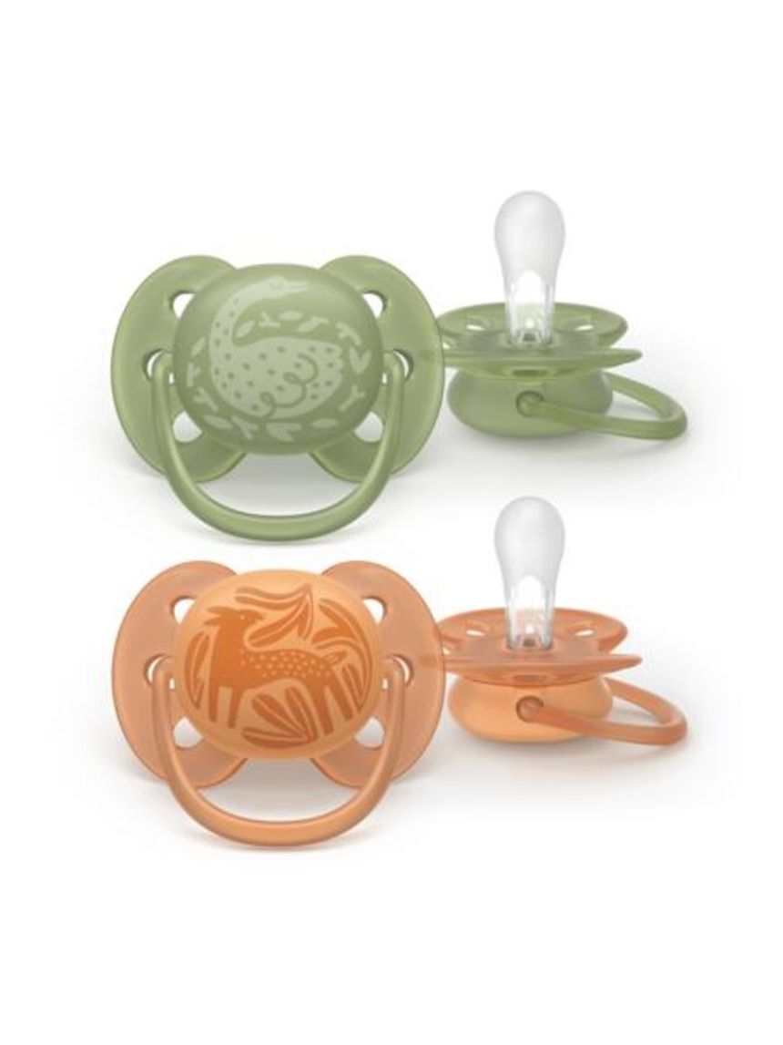 Succhietti ultra soft 18m+ pastello verde e marrone con decorazioni, a base vegetale - set da 2 ciucci - philips avent