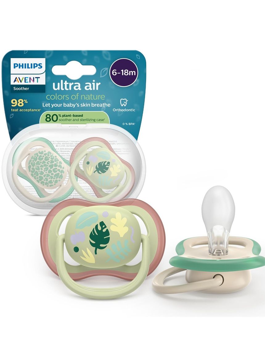 Succhietti ultra air 6-18m   pastello verde e marrone con foglie, a base vegetale - set da 2 ciucci - philips avent
