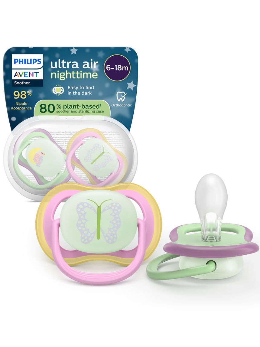 Succhietti ultra air night 6-18m uccellino e farfalla, a base vegetale - set da 2 ciucci - philips avent