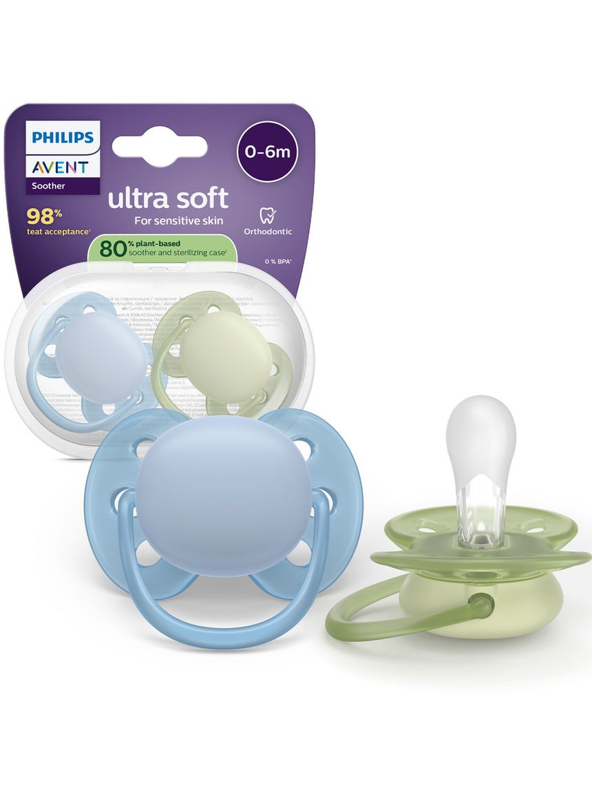 Succhietti ultra soft 0-6m pastello blu e verde, a base vegetale - set da 2 ciucci - philips avent