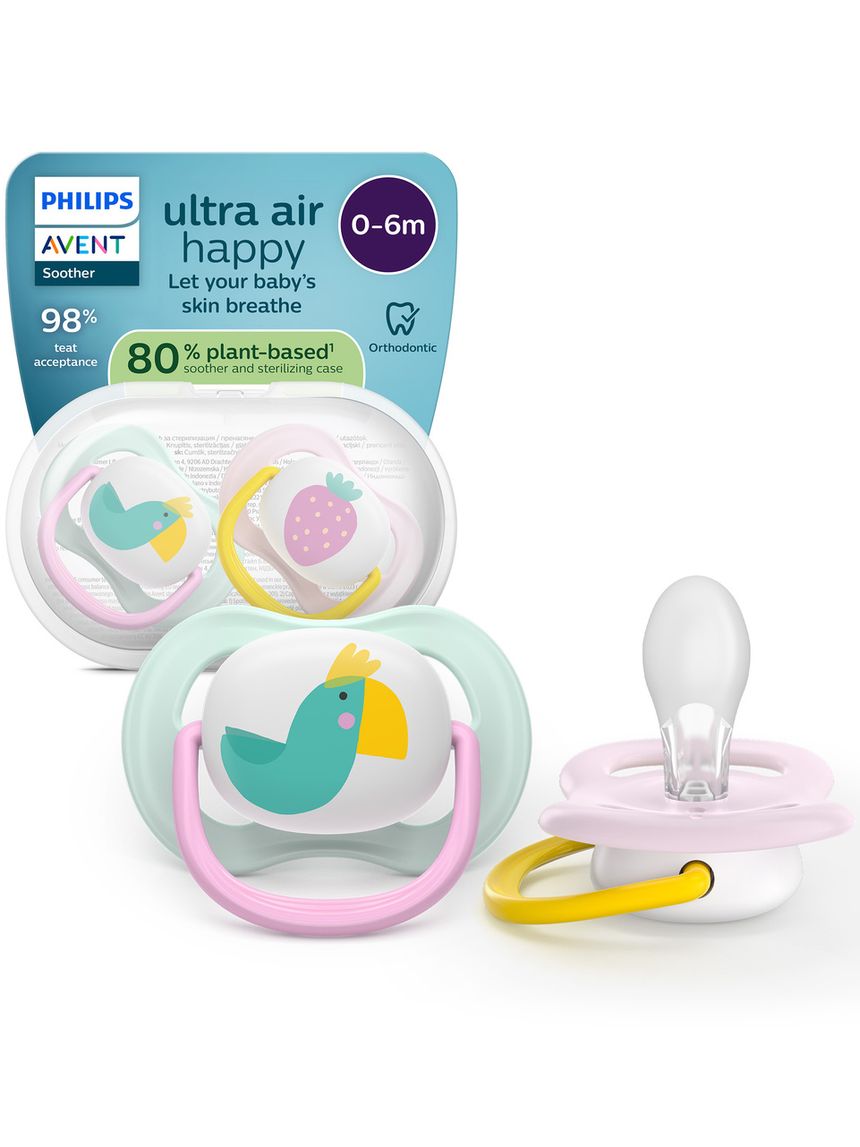 Succhietti ultra air collection 0-6m uccellino e fragola, a base vegetale - set da 2 ciucci - philips avent